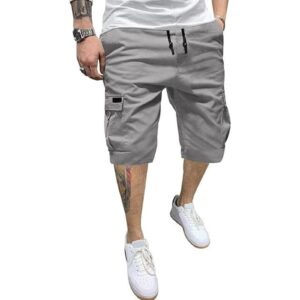 Mens Shorts Flap Pockets Drawstring Cargo Shorts with Multi-Pocket Cotton Workout Shorts